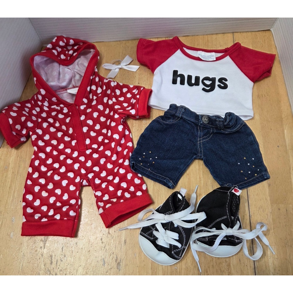 Build A Bear Clothing Lot 6 pc Outfit Hooded Sleeper Shirt Denim Shorts Shoes